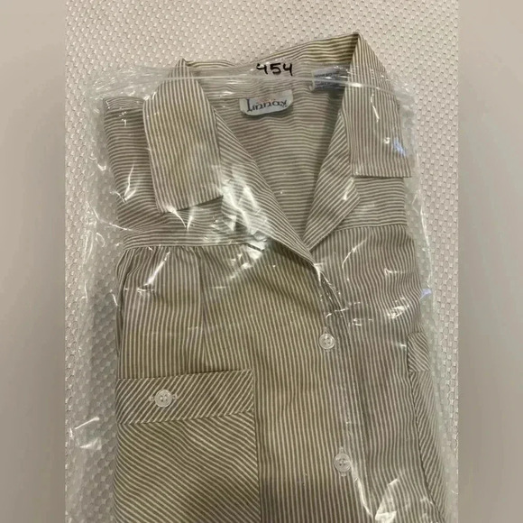 Vintage Linnay stripe boxy cap sleeve button down blouse pockets cream/white - Picture 10 of 10